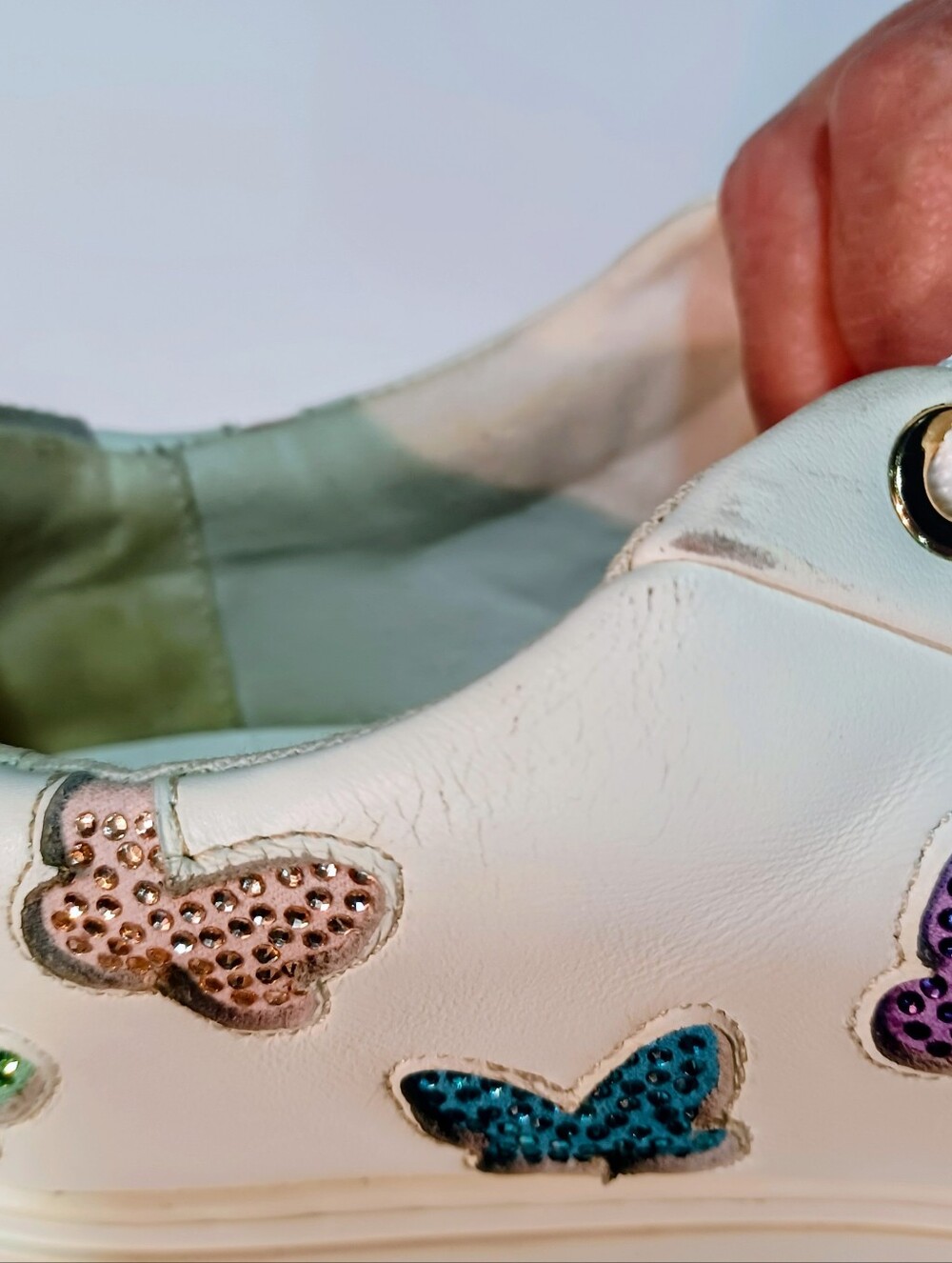 Kurt Geiger London Lane White Leather Sneakers Multicolor Rhinestone Butterflies - Picture 9 of 12